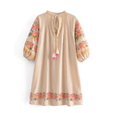 Queens Floral Print Sleeve Beach Long Bohemian Linen Cotton Mini Dresses for Women V Neck Summer Boho Dress