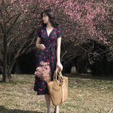 Vintage Dress Women Cherry Print Short Sleeve A Line Midi Dress Vacation Beach Female Elegant V Neck Slim Chiffon