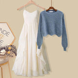 Women Spring Two Pieces Sets Korean Long Sleeve Knitted Sweater Cardigan And Ruffles Patchwork Mesh Long Dress