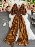 Vintage Women Polka Dot Romper Sexy V-Neck Puff Short Sleeve High Waist Backless Wide Leg Jumpsuits Female New