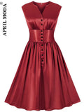 Vintage Sleeveless Satin Pleated Retro Dress Women Bandage Button Front Swing Pinup Casual Summer 50s Dresses Robe