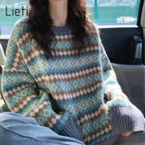 Women Harajuku Geometric Loose Sweaters Pullovers Autumn Winter Fashion Lazy Wind O-Neck Long Sleeve Korean Y2k Tops