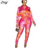 Femme Print Jacket & Trousers Office Lady Outfits Autumn Women two Pieces set Chain Print Button Coat & Pants Suit