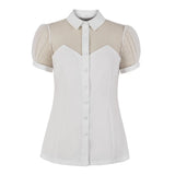 Women Shirt Short Sleeve Lapel Collar Black Buttons Mesh Fabric Patchwork Blouse Party Elegant Ladies Tops Camisas