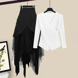Winter 2 Piece Sets Women Long Sleeve Deep V-Neck Knitting Sweater And Irregular Mesh Patchwork Black Skirt Two Piece