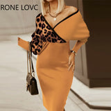 Women Elegant Geo Print Long Sleeve Tied Detail Patchwork Bodycon Dress Working