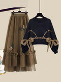 Winter Two Piece Set For Women Outfit Korean Bow Bandage Knitted Pullover Sweaters+ Flower Mesh Patchwork Skirts Sets
