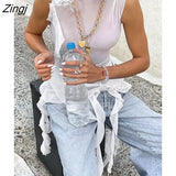 Flower Mesh See Through Backless Lace-up Tank Top Women O-Neck Ruffles Tassel Vest Patchwork Top 2023 Spring