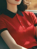 Splicing Bump Color Collar Knitting Shoulder Short-Sleeved T-Shirt Vertical Texture Thin Summer Women's Korean