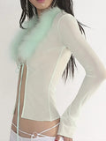 Y2K Retro Sexy Backless Feather Trim Mint Mesh Top Coquette Aesthetics Deep V Bandage Long Sleeve Covers Rave