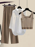 Women Pants Sets Summer Casual Striped Knitted Vest+long Sleeve Sunscreen+wide Leg Long Pant 3 Pieces Set Women Outfits