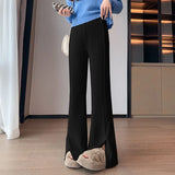 Winter Purple Corduroy Chic Front Split Flare Pants Full Length High Waist Elegant Women Trousers Korean Streetwear