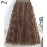 2022 Summer Korean Fashion Shiny Line Patchwork Mesh Midi Long Pleated Tulle Women High Waist A Line Skirt