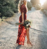 Queens Women Solid Short Sleeve Beach Sexy Loose Bohemian Maxi Dress Ladies V-neck Lace Boho Sundress