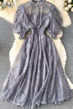 Women Lace Dress Spring Autumn Stand Collar Puff Sleeve High Waist Party Robe Female Elegant Green/Purple Midi