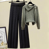 Warm 3 Piece Set Women Pullover Sweater + Wide Leg Pants +Lamb Wool Vest Outfits Knitted Suit Tracksuit Womens