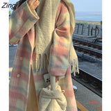 Winter Rainbow Woollen Coats Women Casual Warm Loose Plaid Long Coats Female Korean Fashion Office Lady Trench Jackets