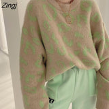 Streetwear Women Vintage Leopard Sweaters Pullovers Autumn Winter Fashion Harajuku Loose O-Neck Lazy Wind Korean Y2k