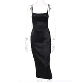 Women's Spaghetti Strap Square Collar Midi Wedding Party Dresses 2022 Summer Sexy Tunics Bodycon Evening Dress Black Red