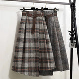 2022 Autumn Women Plaid Irregular Wool Midi Skirts Pleated Sashes England Style Vintage Warm A-Line Long Skirt Faldas Mujer