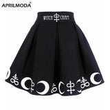 Harajuku Punk Rock Gothic Skirt Black Women Witch Moon Printed High Waist Witch Craft Moon Star Print Goth Pleated