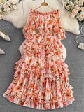 Vintage Floral Ruffle Chiffon Long Dress Women Sexy Slash Neck Off Shoulder Flare Sleeve High Waist A-Line Beach