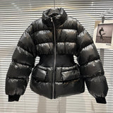 2022 Winter New Arrival Long Fluffy Sleeve Stand Collar Slim Waist Brown Warm Cotton Coat Women