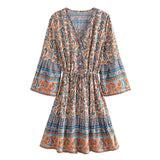 Queens Floral Print Bat Sleeve Beach Bohemian Mini Dress Ladies V Neck Tassel Summer Boho