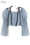 Long Sleeve Draped Design Blue Blouses Or Crop Tops Women Slim Sexy Chiffon Party Club Bar Boydcon Blusas 2023 Summer