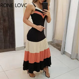Women Spaghetti Strap Colorblock Maxi Dress Elegant Fashion Chic