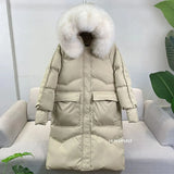 Loose Windbreak Long Coat Women Real Natural Fur Hooded Jacket 90% White Duck Down Coat Thick Warm Snow