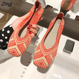Plus Size Spring New Ballet Flats Women Square Toe Knit Fabric Loafers Breathable Flat Heel Drive Shoes Driving