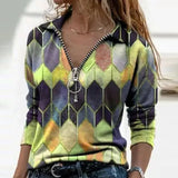 Women Long Sleeve V Neck Geometric Print Blouse Vintage Loose Polo Shirt Y2K Harajuku Oversize Tops Elegant Zip Sweatshirt