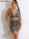 Sexy Black Diamond Crystal Mesh Skirt Set Women Deep V Neck Tank Top And Mini Skirt Suit Night Clubwear Matching
