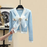 Women Autumn Winter Vintage fragrant Knitted Two Pieces Sets Korean Long Sleeve Knit Cardigan And High Waist Plaid Skirts