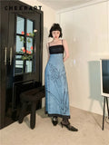 Wash Painting Vintage Mesh Patchwork Tunics Long Maxi Dress For Women 2022 Summer Backless A Line Slip Dress
