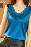 Woman Blouse V-neck Silk Embroidery Pretty and Cheap Women's Blouses 2023 Satin Shirts Tops Sleeveless Female