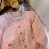 Plaid Tweed Cropped Jackets Women Sweet Pink Short Coats Vintage Korean Elegant Luxury Single Breasted Outerwear
