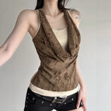 Hottie Wasteland Personality Fashion Hole-Breaking Collar Body Bump Color Slimless Sleeveless Vest Top