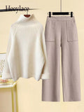 Winter Warm Two Piece Sets Womens Outfit Office Ladies Elegant Turtleneck Knitted Loose Sweater And Woolen Pants Sets