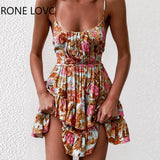 Women Spaghetti Strap Floral Print Ruffle Hem Ruched Cami Dress Women Summer Dress