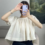 Open Back Puff Sleeve Crop Top Summer 2022 Short Sleeve Blouse Casual Peplum Top White Tie Back Korean Fashion