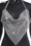 Sexy Women Sparkly Halter Tank Crop Tops Backless Chains Linked Sleeveless Rhinestones Glitter Mini Vest Club