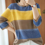 Autumn Classic Striped Print Loose Casual Sweater Women 3/4 Sleeve Hollow Out Knitting Pullover Elegant All-match