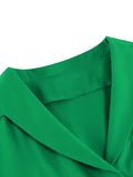 Green Solid Cotton Tunic Midi Pleated Dress Button Up Vintage Women Short Sleeve Belted Pinup Rockabilly Swing