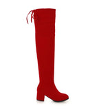 Warm Women Thigh Boots Flock Leather Squae High Heel Over the Knee Boots Slip On Ladies Boots Shoes Black Red Big Size
