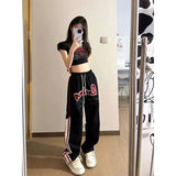 Streetwear Striped Sweatpants Women Y2K Letter Print Oversize Joggers Harajuku Vintage Embroidery Baggy Wide Leg
