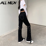 Vintage Y2K Streetwear Bandage Flare Pants Punk Aesthetics High Waist Denim Black Jeans 90s Fashion Long Trousers