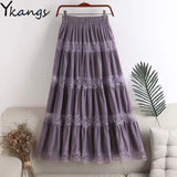 kawaii Chiffon Lace Stitching A-line pleated skirt Women's High Waist Midi Skirts Black Purple Elegant Party Long