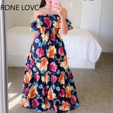 Women Chic Slash Collar Short Butterfly Sleeves Floral Print Ruffle Hem Sexy Maxi A-line Party